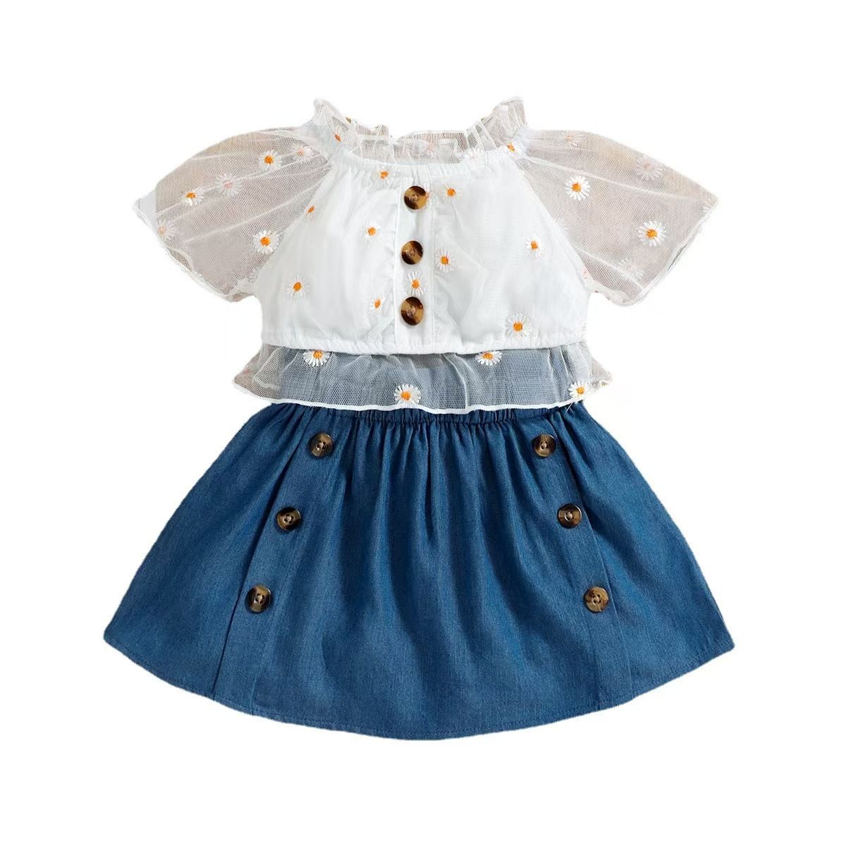 Girls' suit baby small chrysanthemum short-sleeved top denim short skirt two-piece summer dress new fashion princess