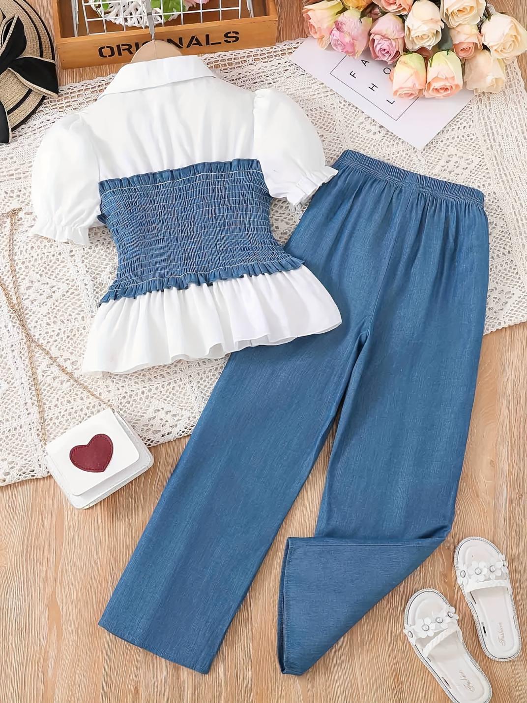 New Summer Children's Clothing European and American Fashion Girls' Pulling Top+Wide Leg Pants Two Piece Set for Big Kids