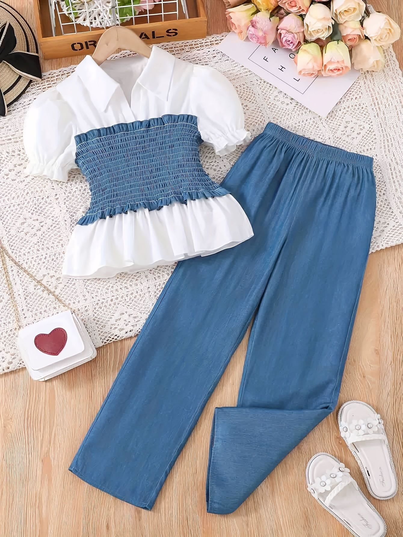 New Summer Children's Clothing European and American Fashion Girls' Pulling Top+Wide Leg Pants Two Piece Set for Big Kids