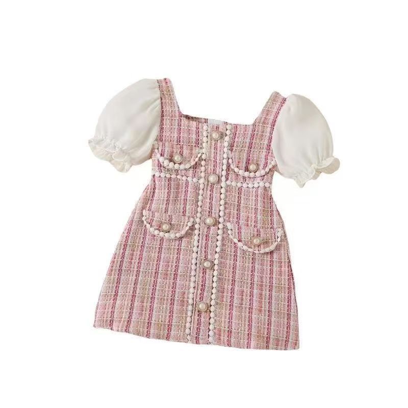 Girl's Dress White puffed sleeve splicing coarse check pearl wool dress small fragrant wind  style children