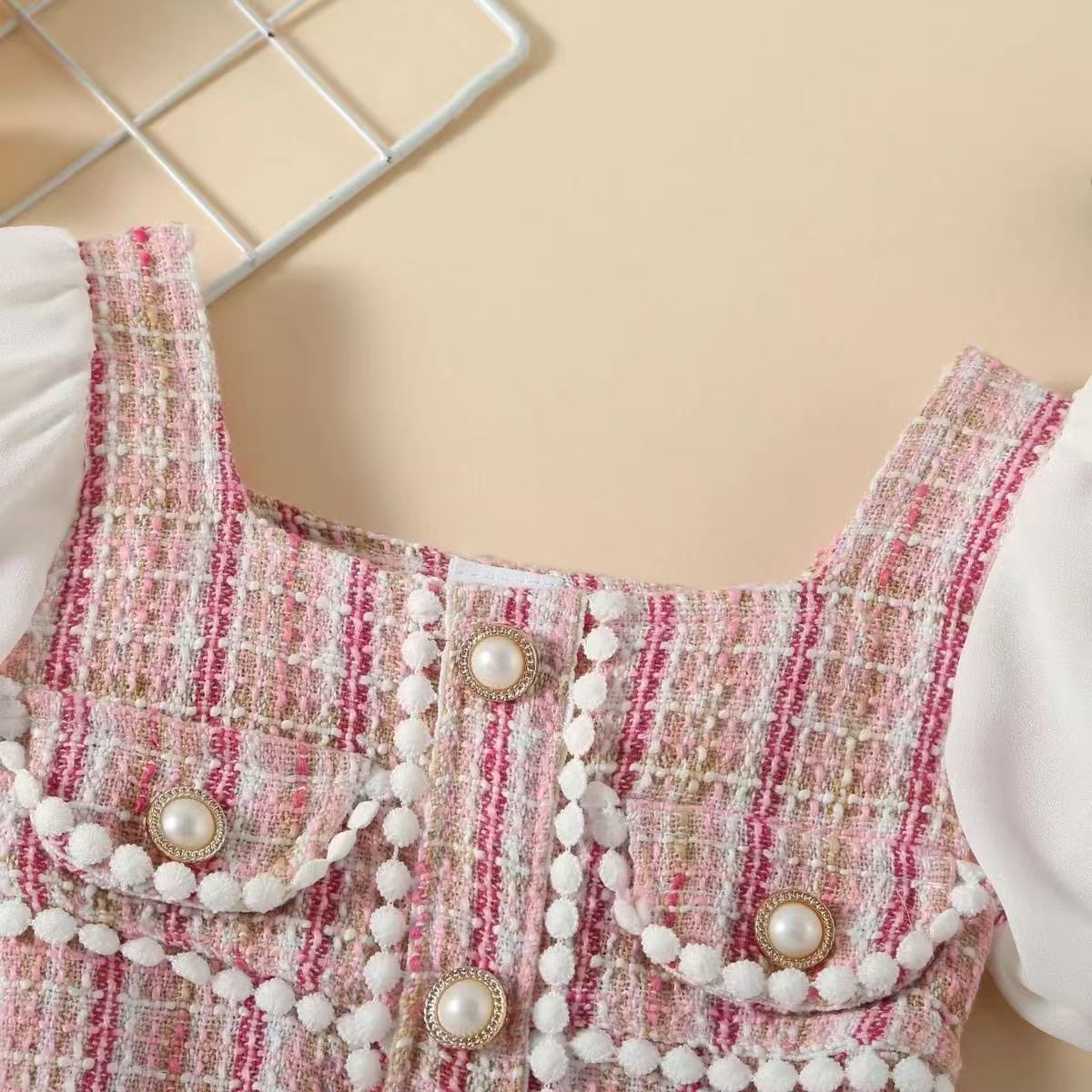 Girl's Dress White puffed sleeve splicing coarse check pearl wool dress small fragrant wind  style children