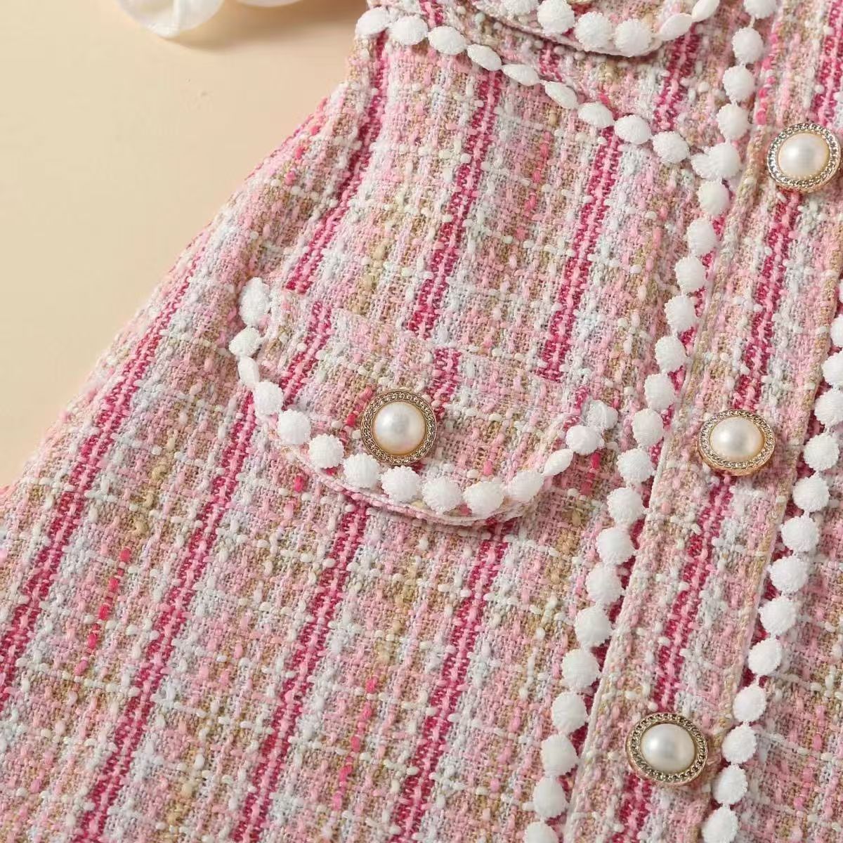 Girl's Dress White puffed sleeve splicing coarse check pearl wool dress small fragrant wind  style children