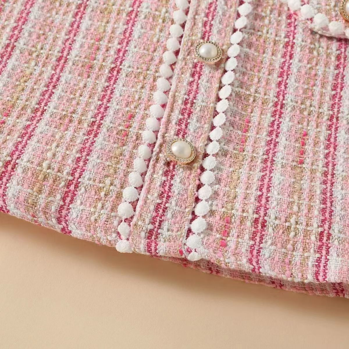 Girl's Dress White puffed sleeve splicing coarse check pearl wool dress small fragrant wind  style children