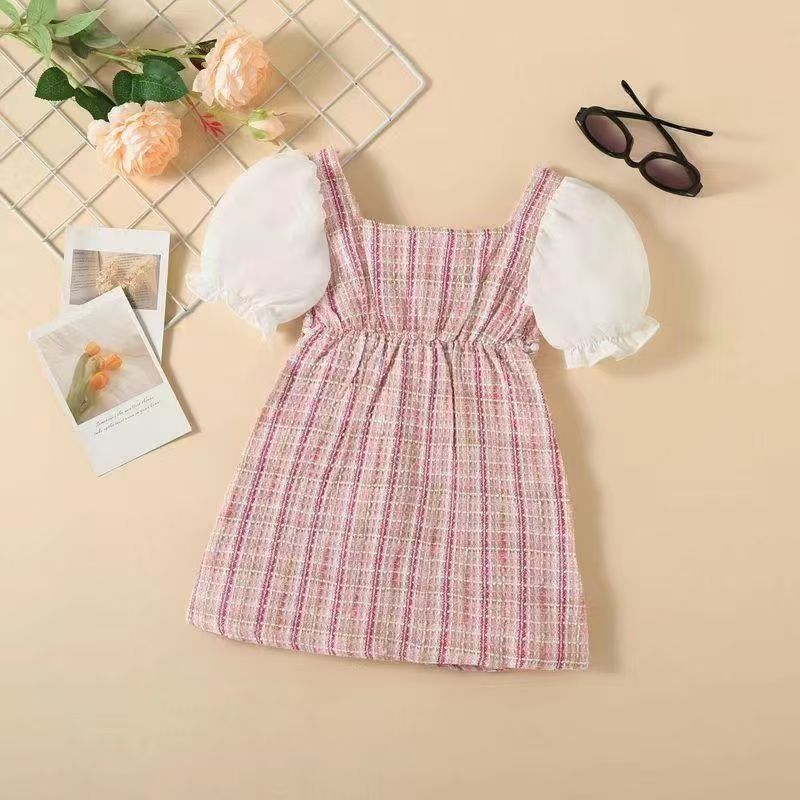 Girl's Dress White puffed sleeve splicing coarse check pearl wool dress small fragrant wind  style children