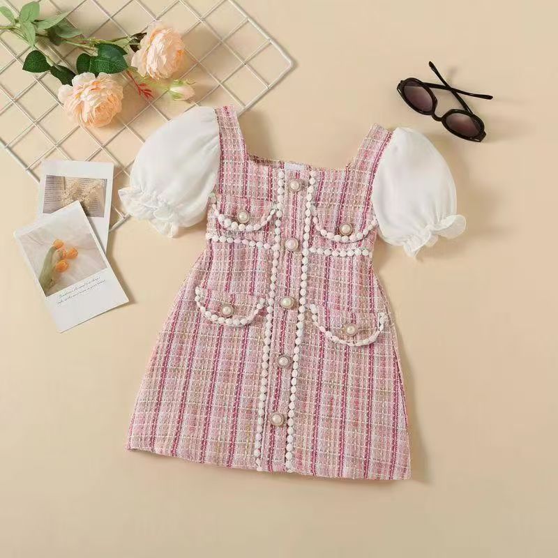 Girl's Dress White puffed sleeve splicing coarse check pearl wool dress small fragrant wind  style children