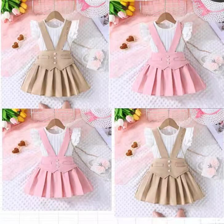 New Products Europe and America Girls' set Fashionable and cute Girl's Flying Sleeve Top Strap skirt Two piece set