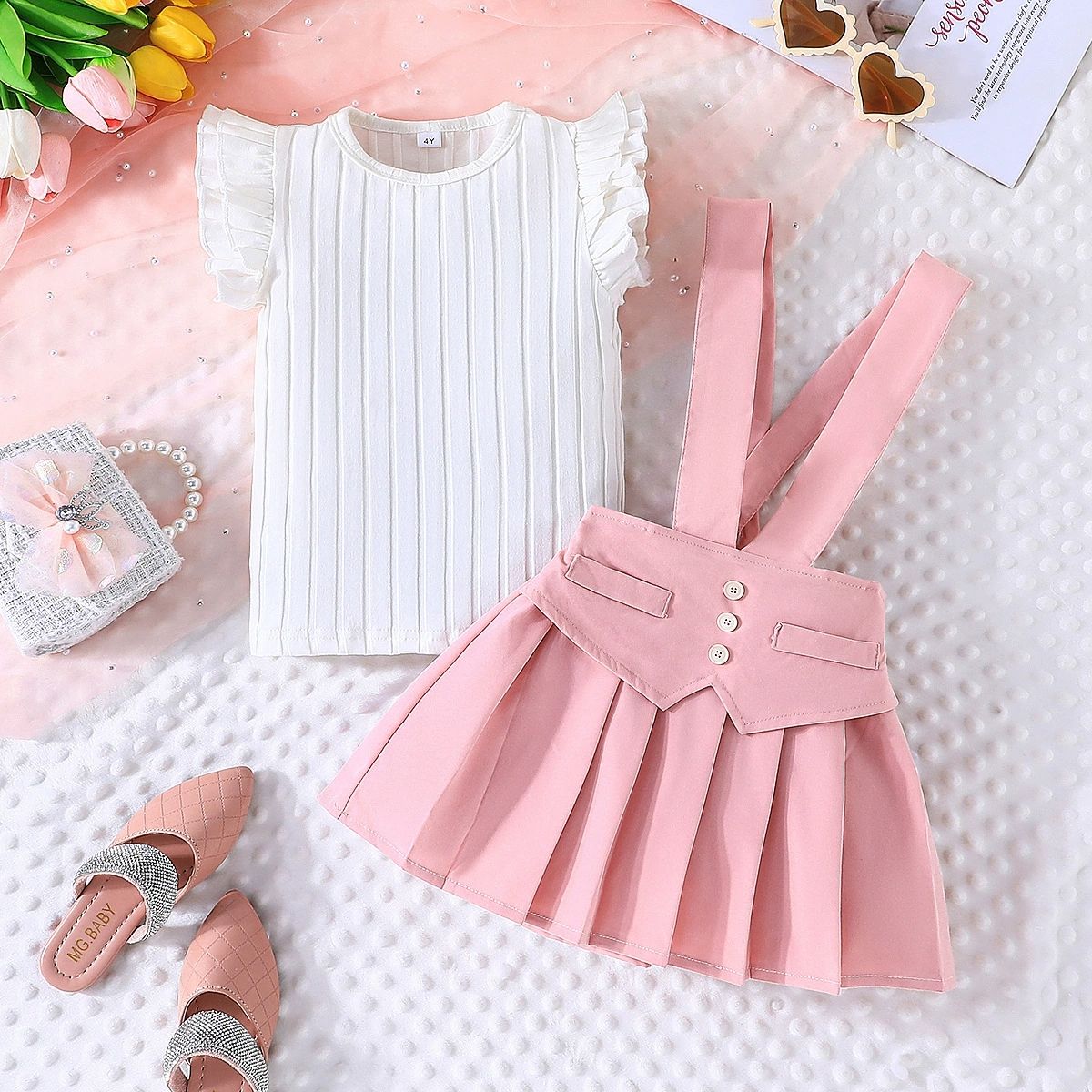 New Products Europe and America Girls' set Fashionable and cute Girl's Flying Sleeve Top Strap skirt Two piece set