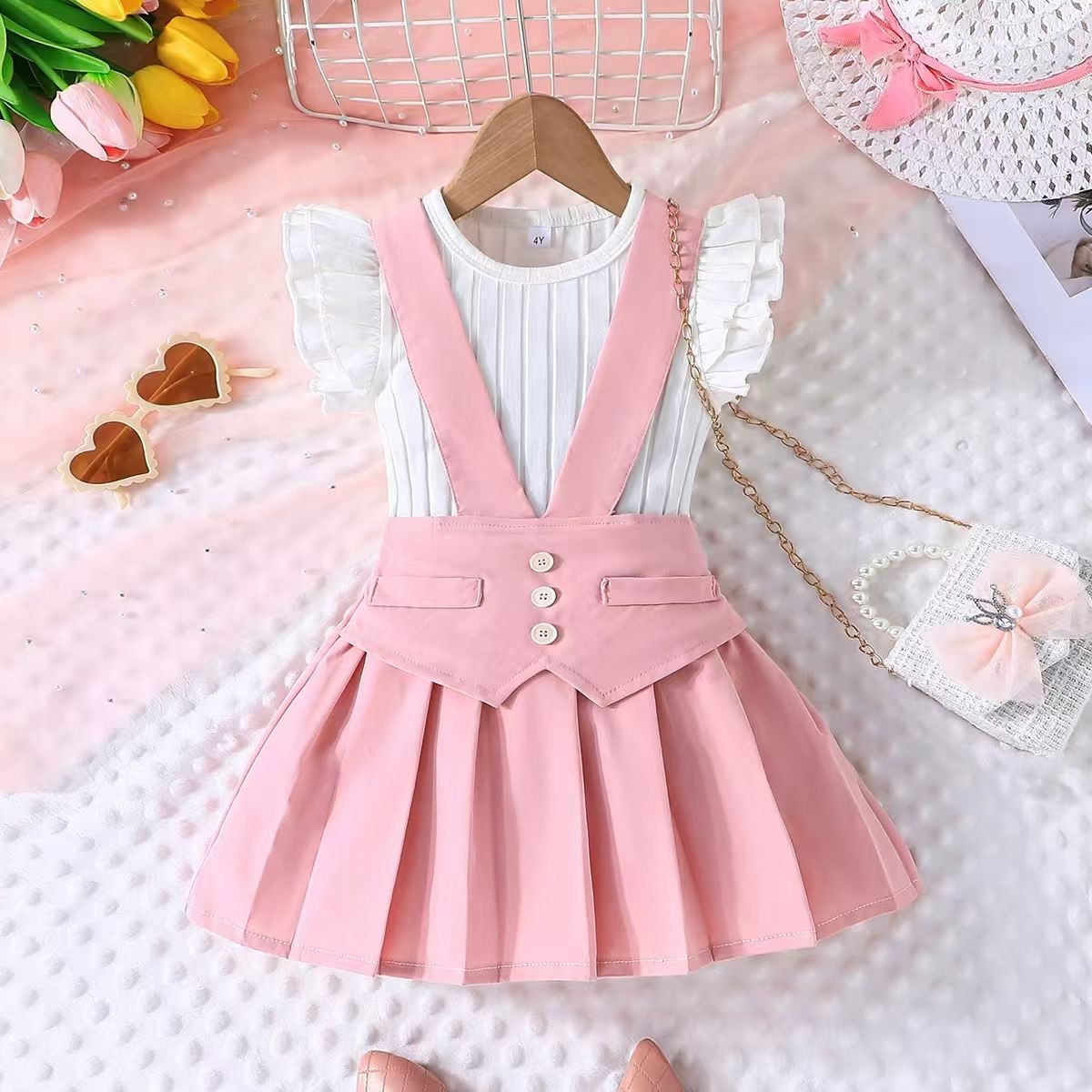 New Products Europe and America Girls' set Fashionable and cute Girl's Flying Sleeve Top Strap skirt Two piece set