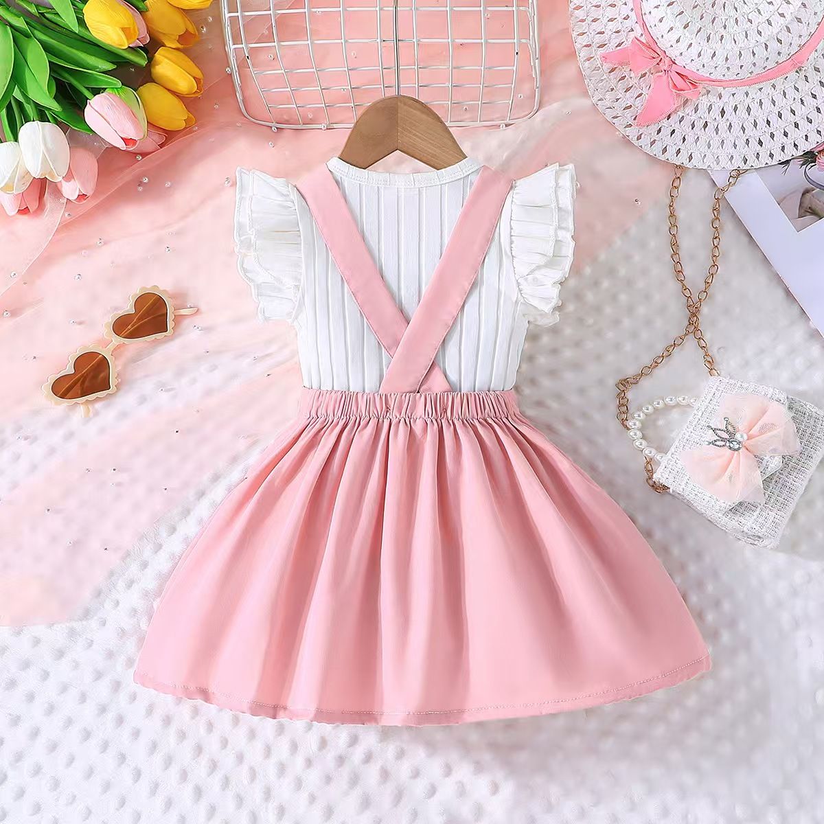 New Products Europe and America Girls' set Fashionable and cute Girl's Flying Sleeve Top Strap skirt Two piece set