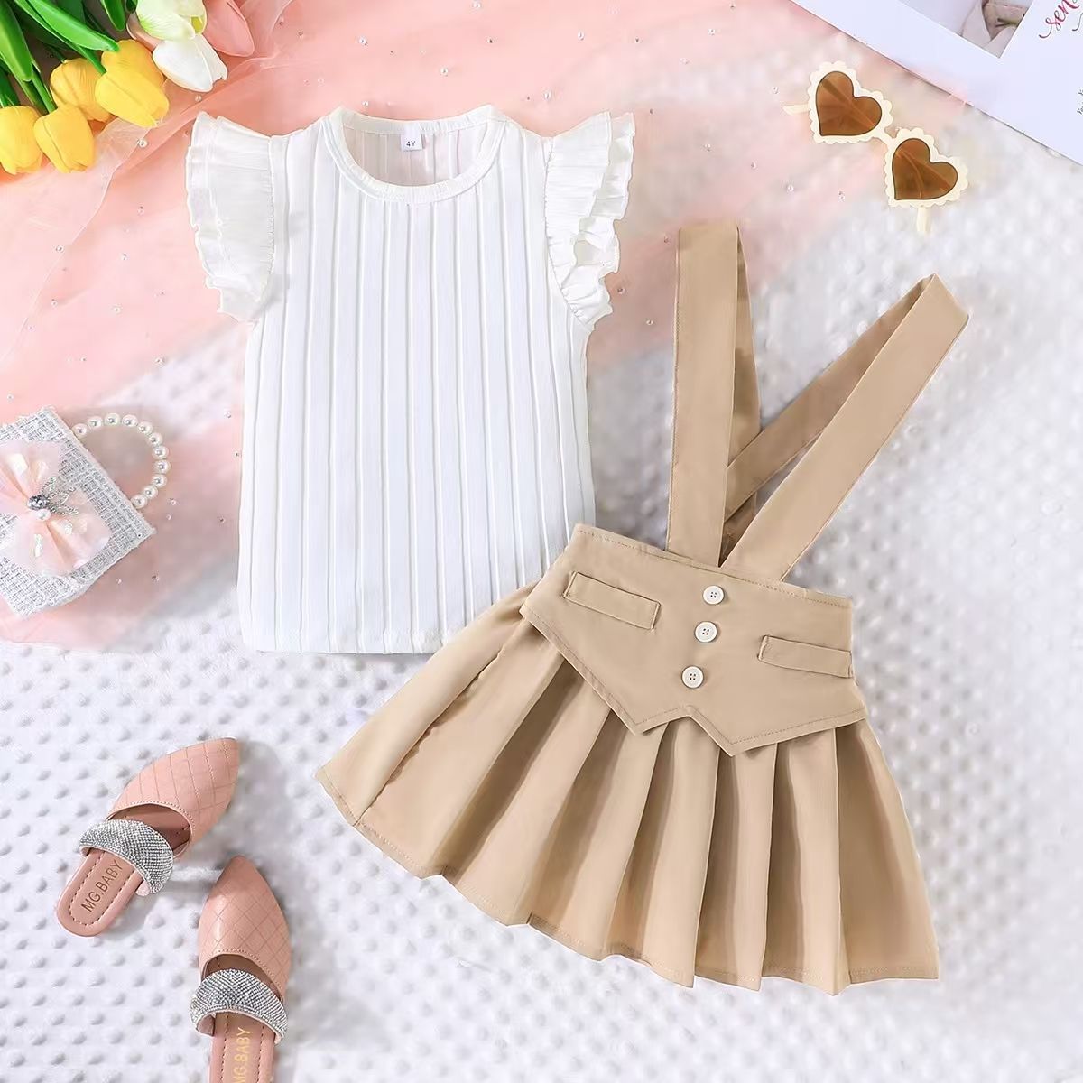 New Products Europe and America Girls' set Fashionable and cute Girl's Flying Sleeve Top Strap skirt Two piece set