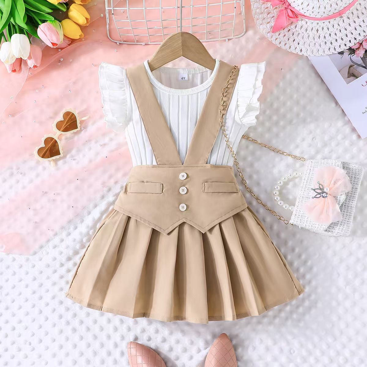 New Products Europe and America Girls' set Fashionable and cute Girl's Flying Sleeve Top Strap skirt Two piece set