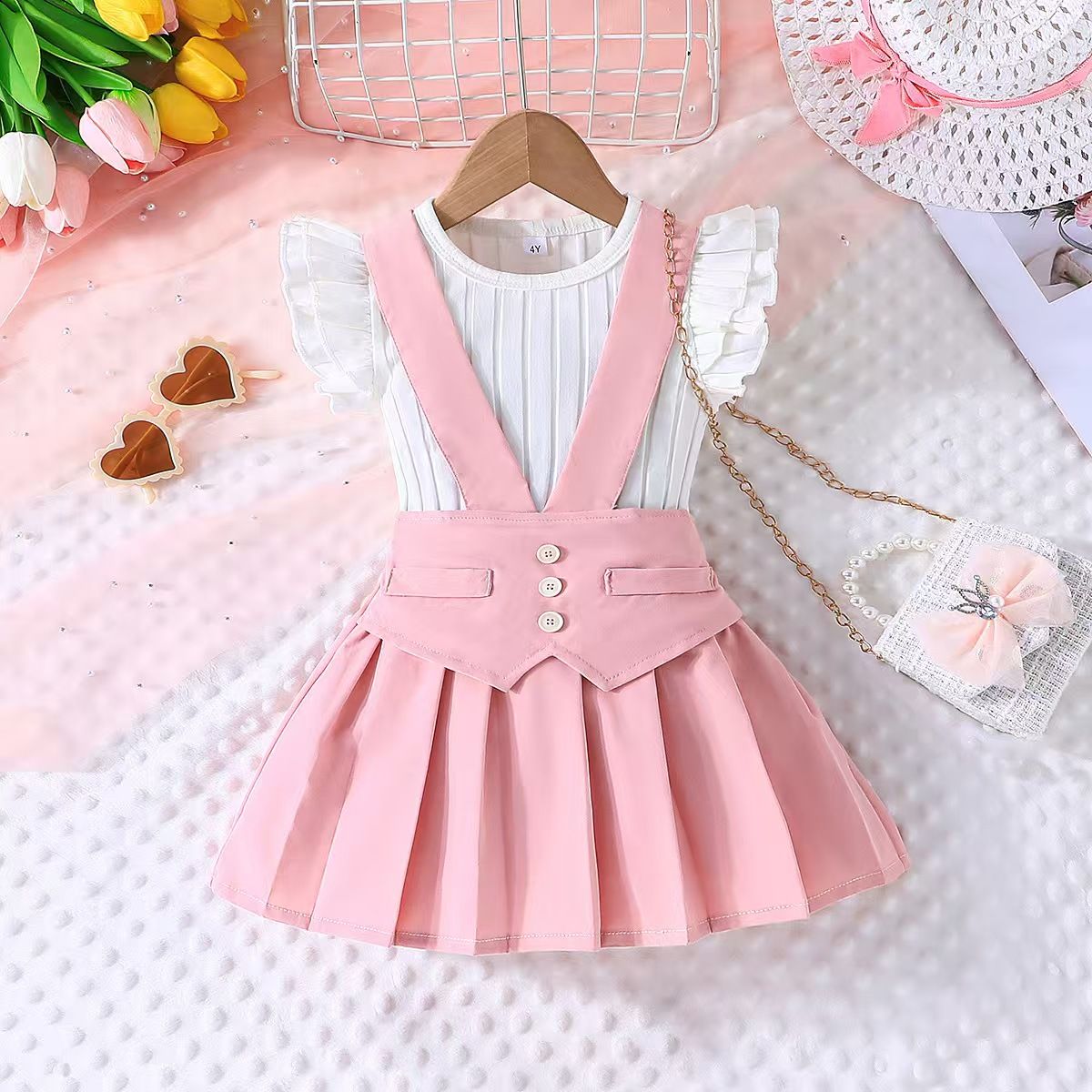 New Products Europe and America Girls' set Fashionable and cute Girl's Flying Sleeve Top Strap skirt Two piece set