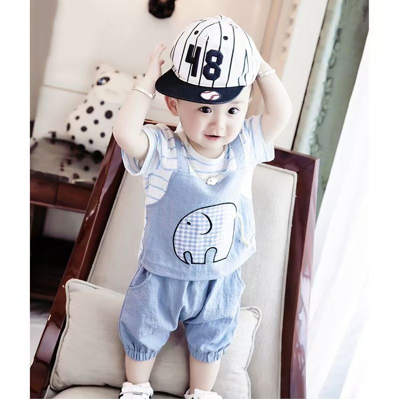 Baby Summer Short Sleeve Set Cute Splicing Cartoon Elephant Short Sleeve Shorts Baby and Children's Outing Clothes Two Piece Set