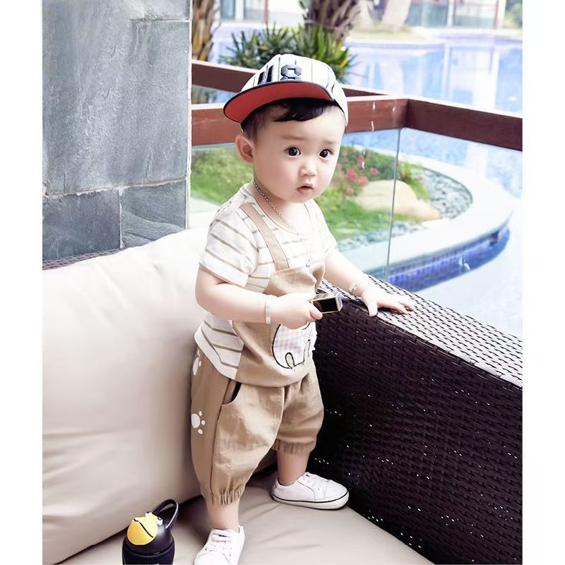 Baby Summer Short Sleeve Set Cute Splicing Cartoon Elephant Short Sleeve Shorts Baby and Children's Outing Clothes Two Piece Set