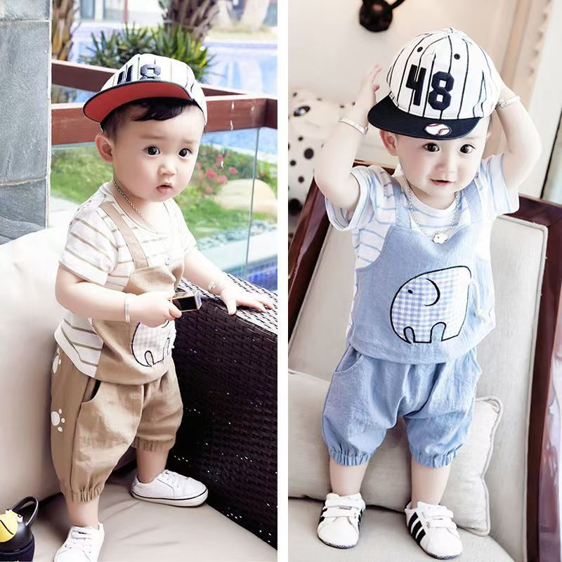 Baby Summer Short Sleeve Set Cute Splicing Cartoon Elephant Short Sleeve Shorts Baby and Children's Outing Clothes Two Piece Set