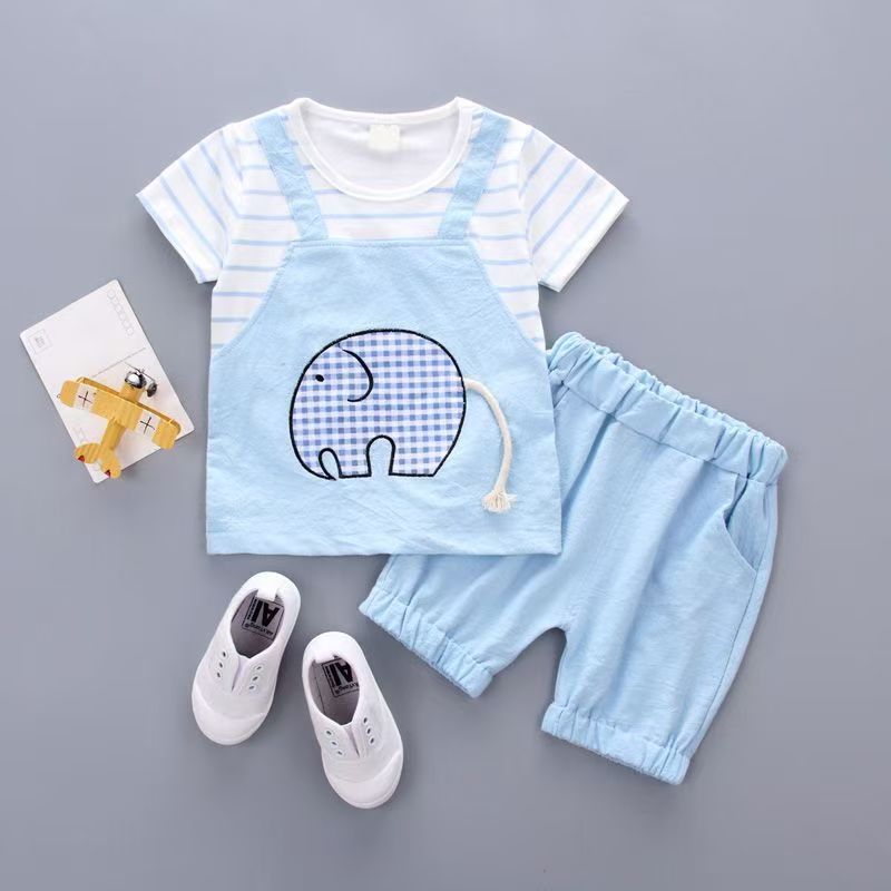 Baby Summer Short Sleeve Set Cute Splicing Cartoon Elephant Short Sleeve Shorts Baby and Children's Outing Clothes Two Piece Set