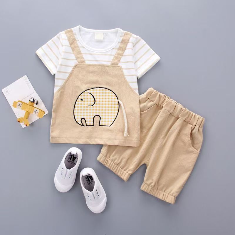 Baby Summer Short Sleeve Set Cute Splicing Cartoon Elephant Short Sleeve Shorts Baby and Children's Outing Clothes Two Piece Set