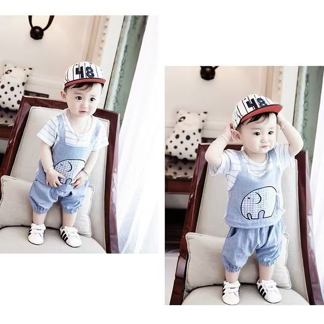 Baby Summer Short Sleeve Set Cute Splicing Cartoon Elephant Short Sleeve Shorts Baby and Children's Outing Clothes Two Piece Set