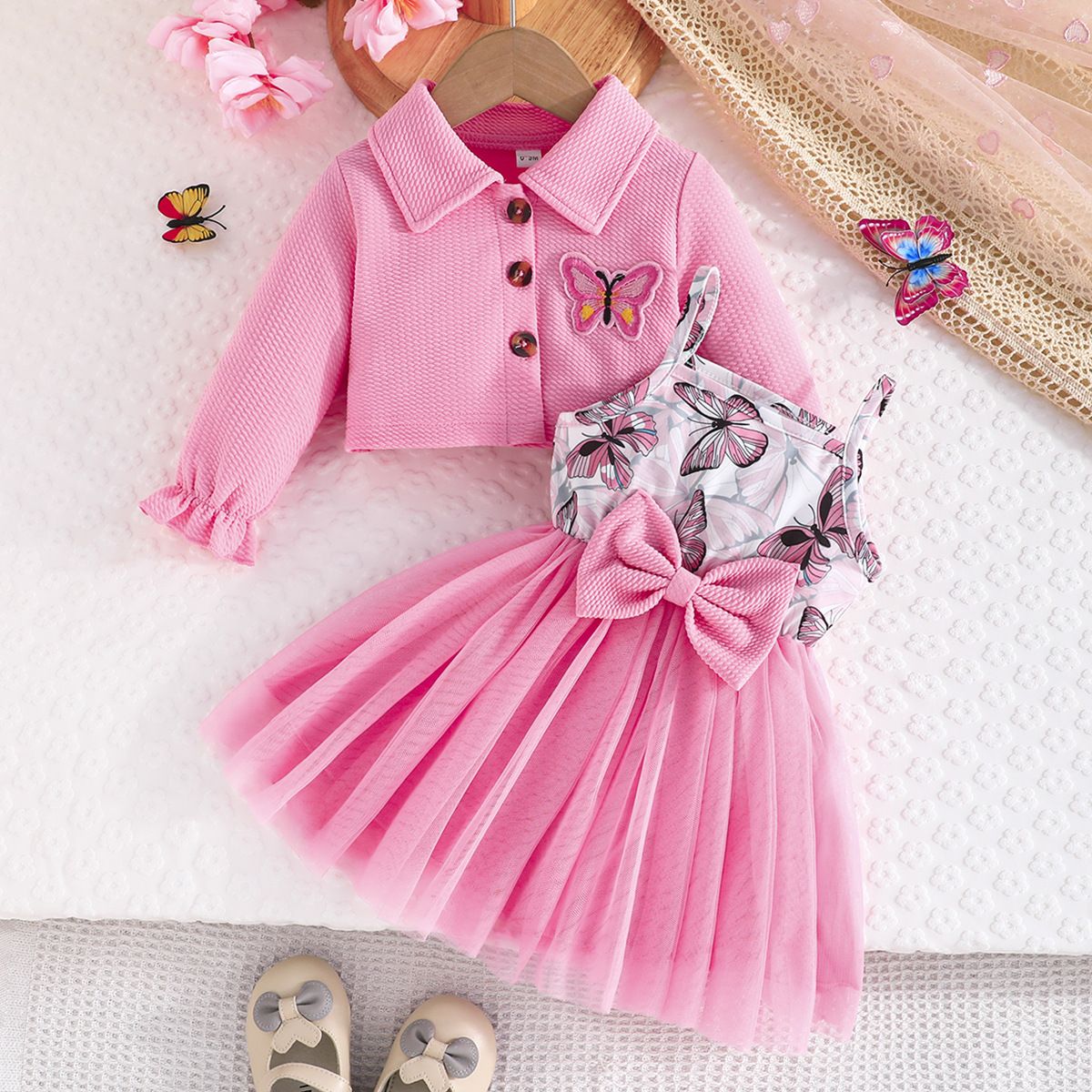 New baby clothes sweet and fashionable girls' dress with ladylike style long sleeved square collar jacket+suspender mesh skirt set