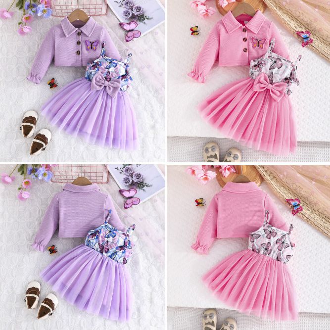 New baby clothes sweet and fashionable girls' dress with ladylike style long sleeved square collar jacket+suspender mesh skirt set