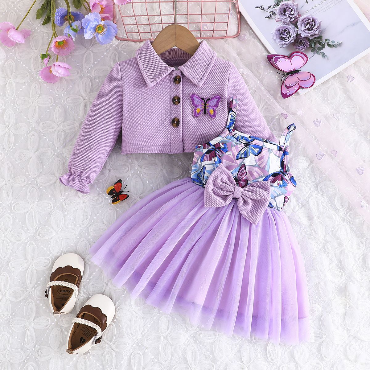 New baby clothes sweet and fashionable girls' dress with ladylike style long sleeved square collar jacket+suspender mesh skirt set