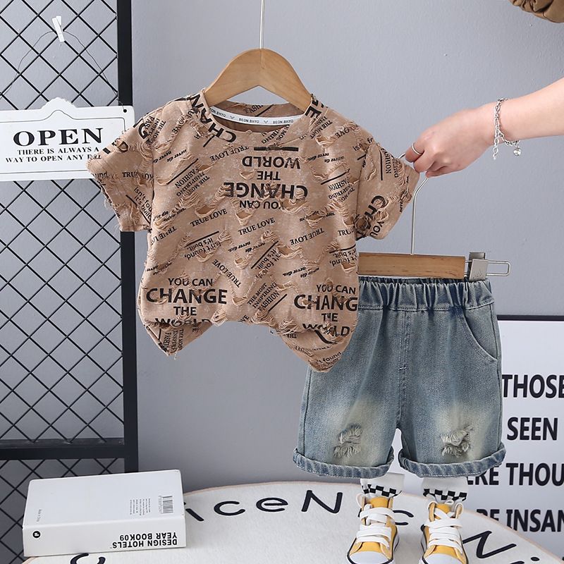 Summer new boys' two-piece set children's summer clothing tie dye letter short sleeved+ripped denim shorts set trendy