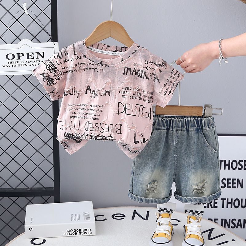 Summer new boys' two-piece set children's summer clothing tie dye letter short sleeved+ripped denim shorts set trendy