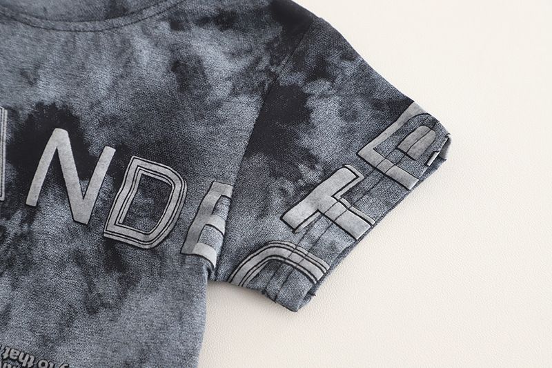 Summer new boys' two-piece set children's summer clothing tie dye letter short sleeved+ripped denim shorts set trendy
