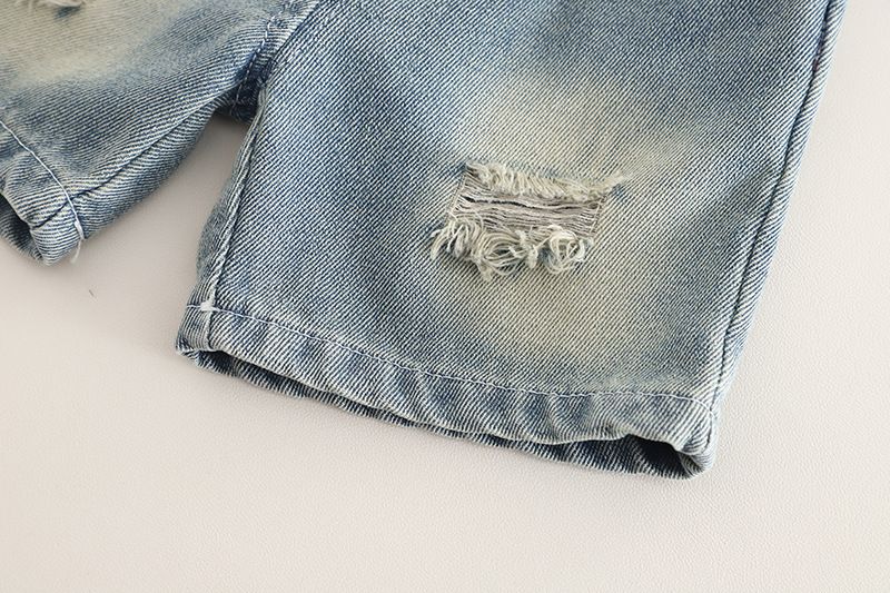 Summer new boys' two-piece set children's summer clothing tie dye letter short sleeved+ripped denim shorts set trendy