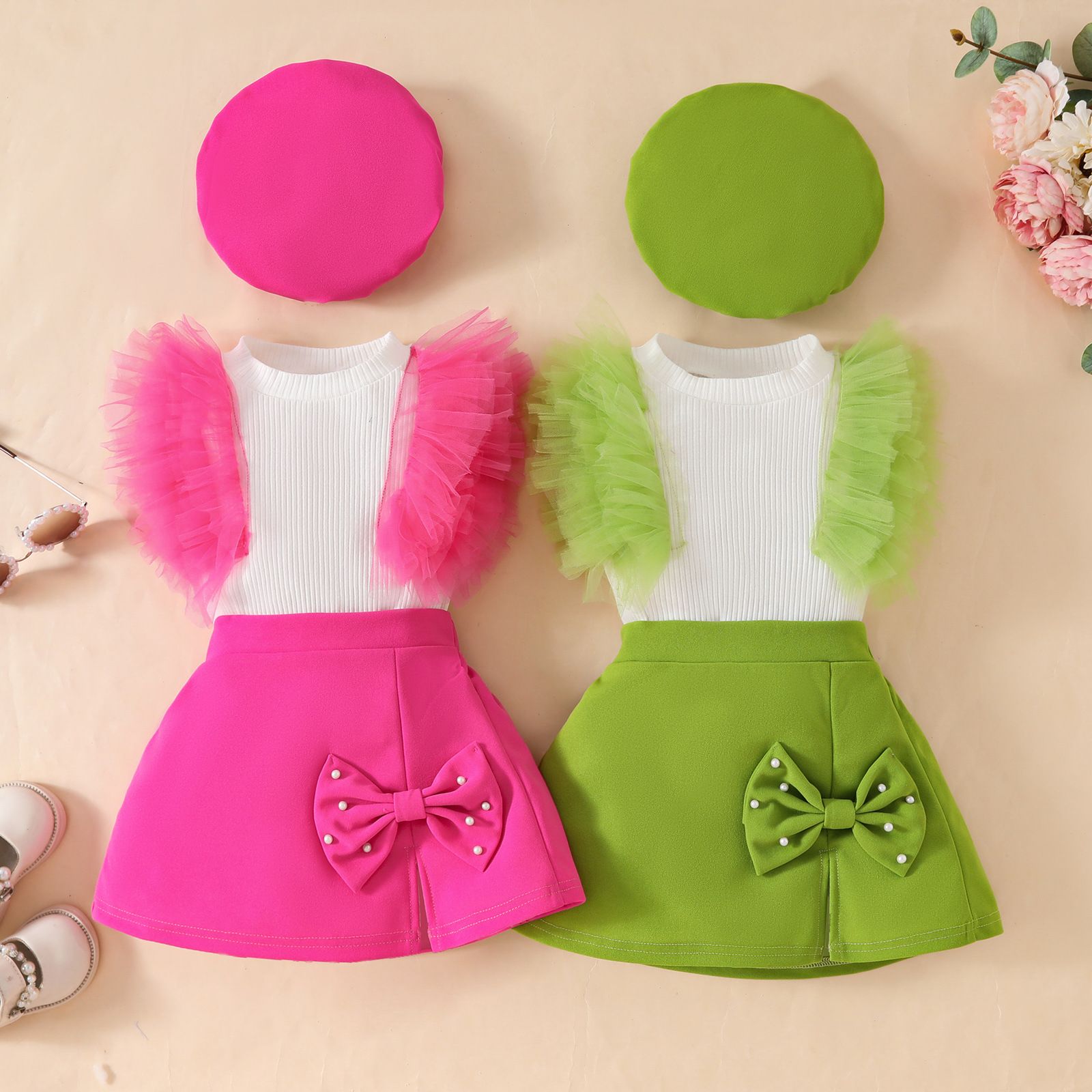 European and American girls' clothing set sleeveless mesh top+bow tie nail bead design skirt+beret three piece set