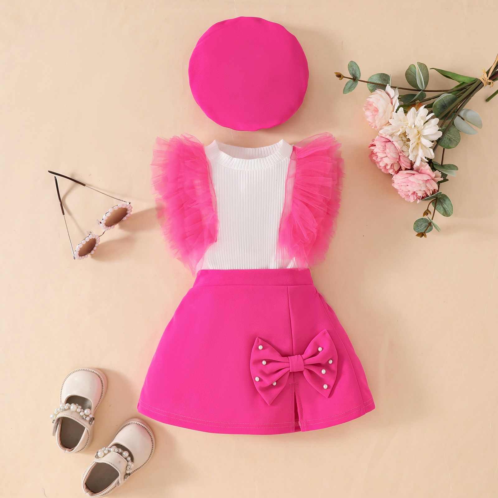European and American girls' clothing set sleeveless mesh top+bow tie nail bead design skirt+beret three piece set