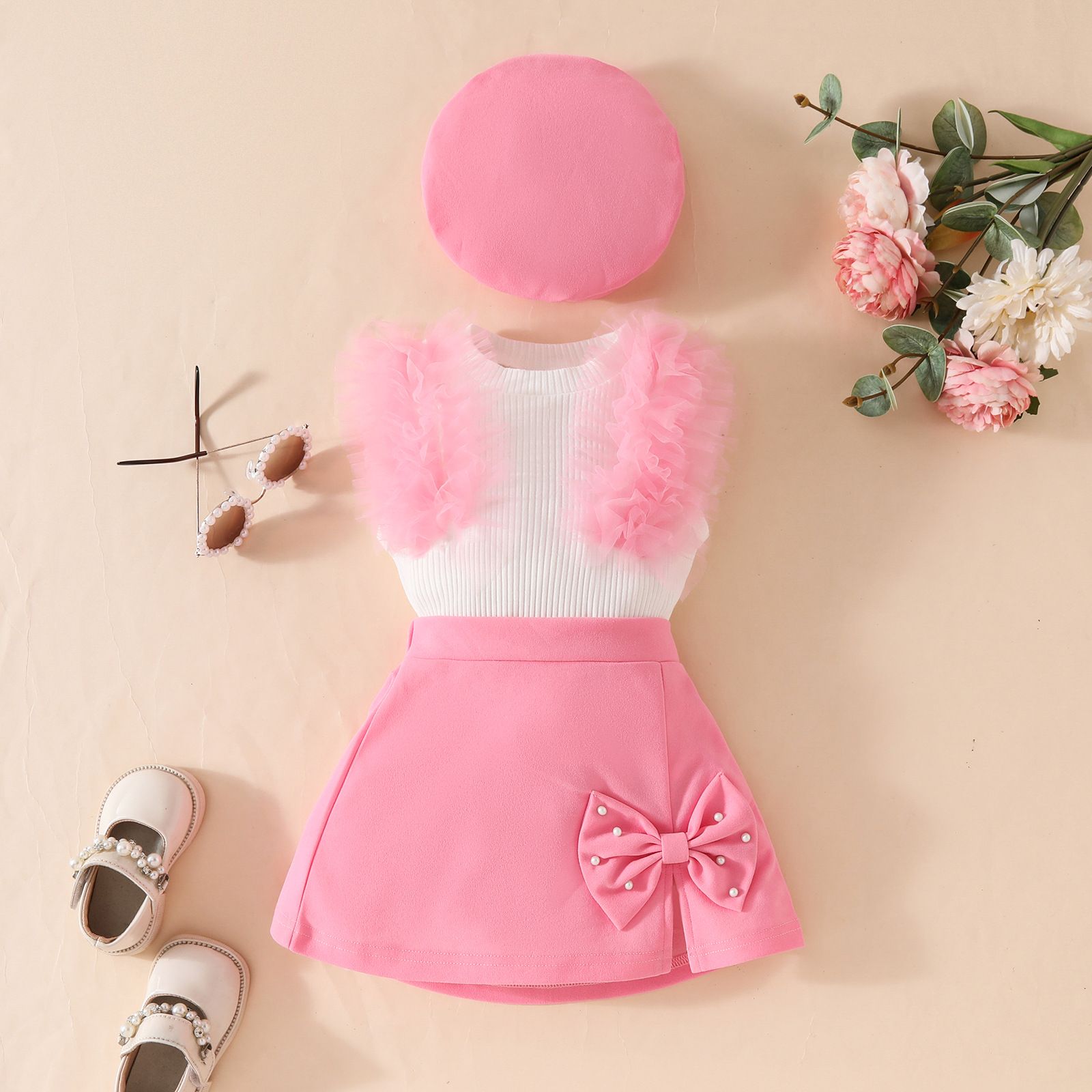 European and American girls' clothing set sleeveless mesh top+bow tie nail bead design skirt+beret three piece set