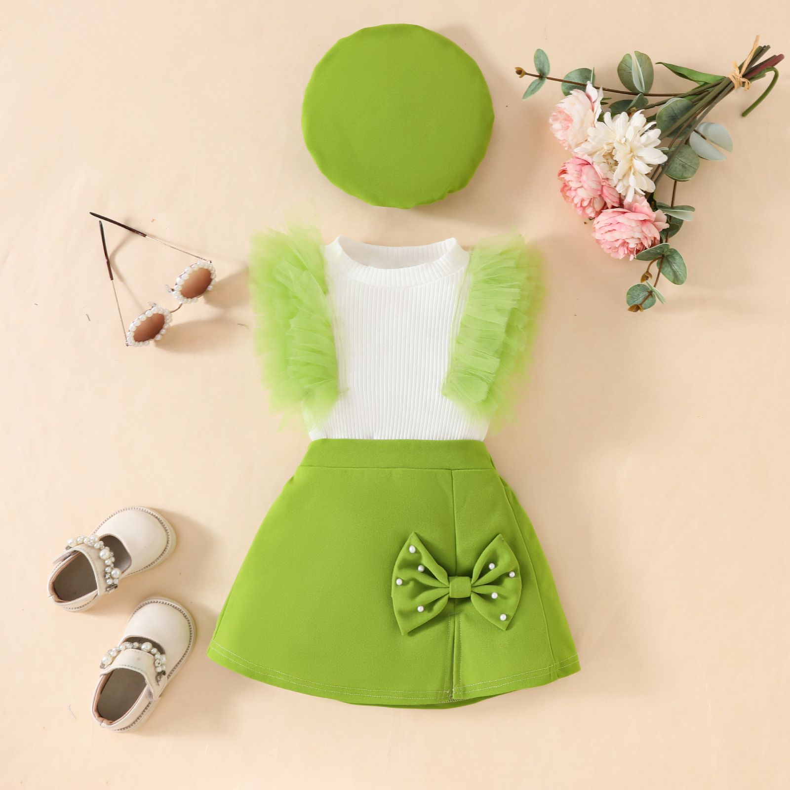 European and American girls' clothing set sleeveless mesh top+bow tie nail bead design skirt+beret three piece set