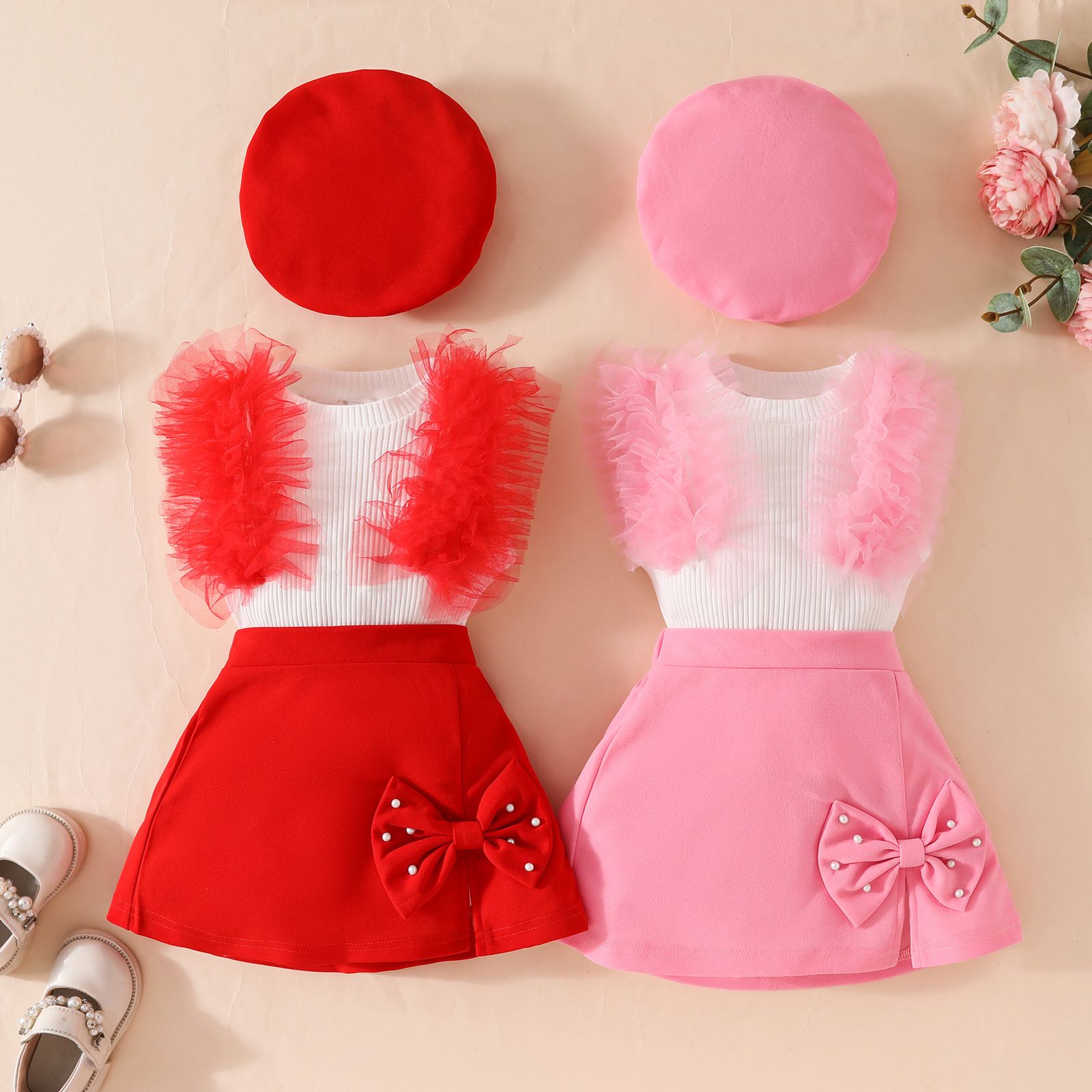 European and American girls' clothing set sleeveless mesh top+bow tie nail bead design skirt+beret three piece set
