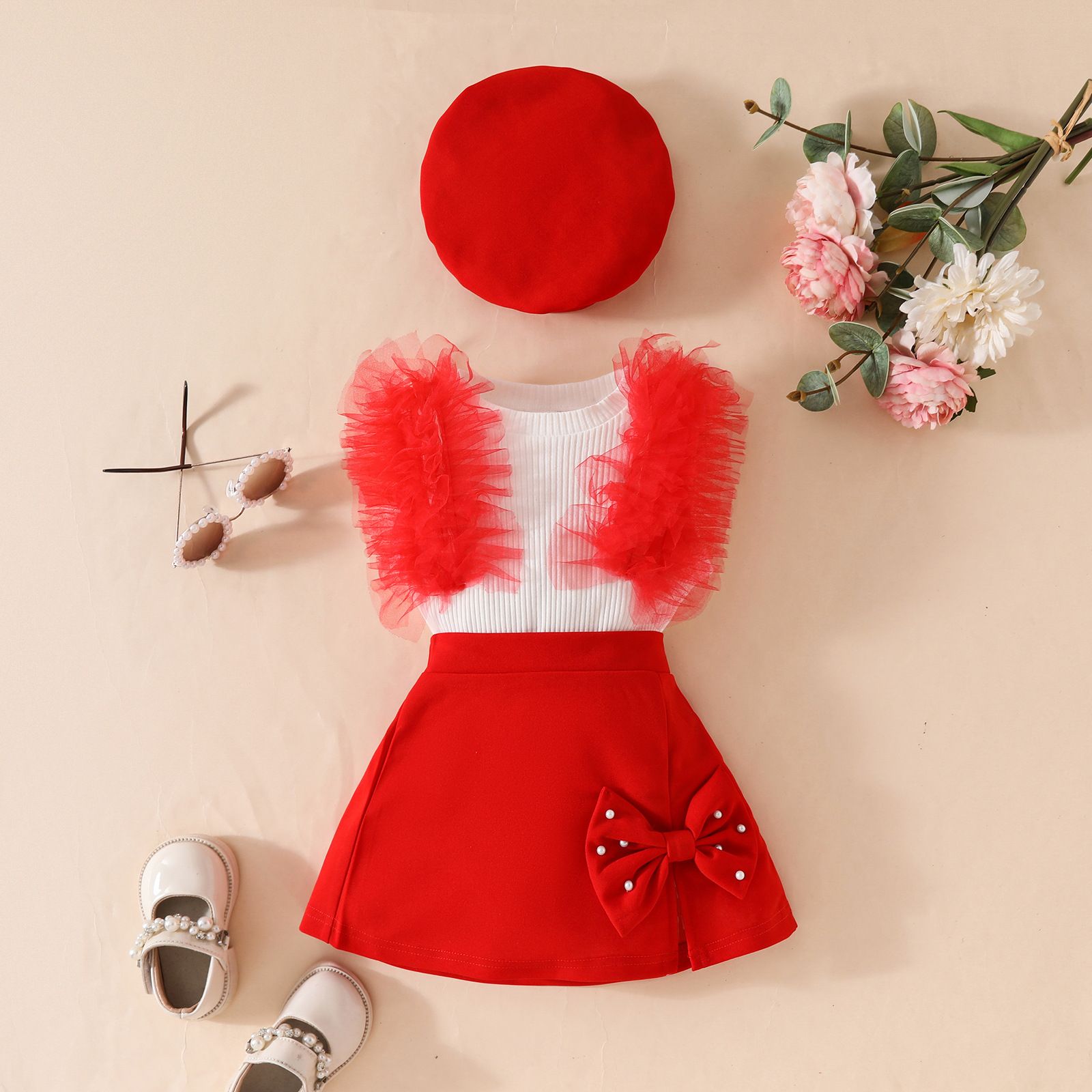 European and American girls' clothing set sleeveless mesh top+bow tie nail bead design skirt+beret three piece set