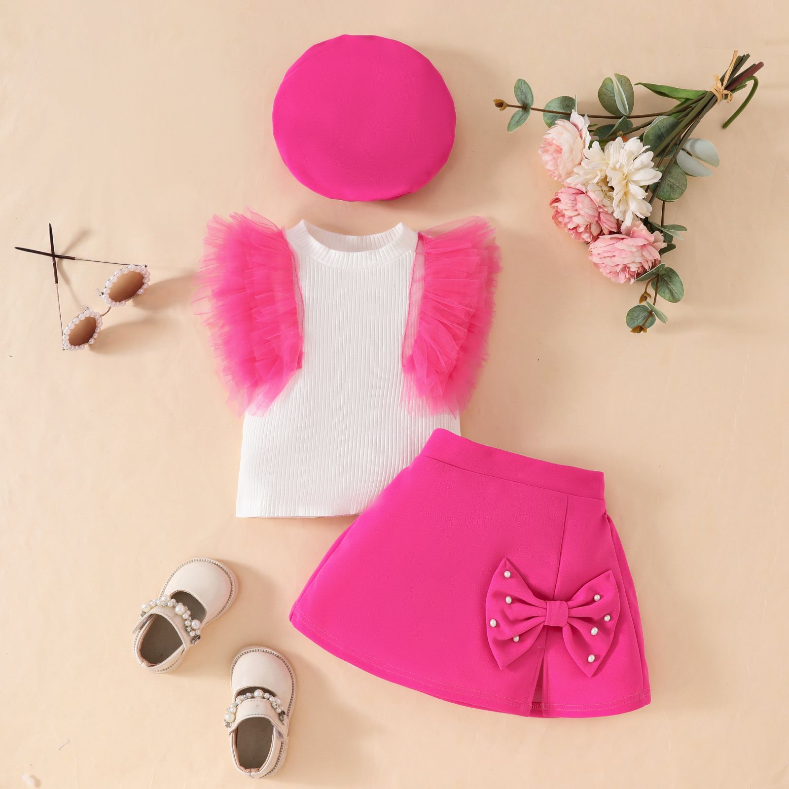 European and American girls' clothing set sleeveless mesh top+bow tie nail bead design skirt+beret three piece set