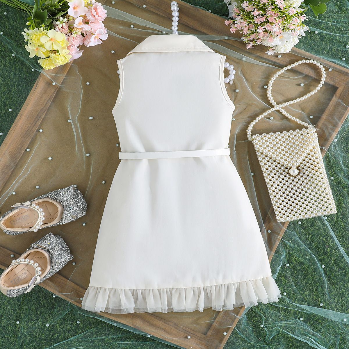 Summer new girls' dress, girls' solid color sleeveless suit, fashionable dress+belt two-piece set