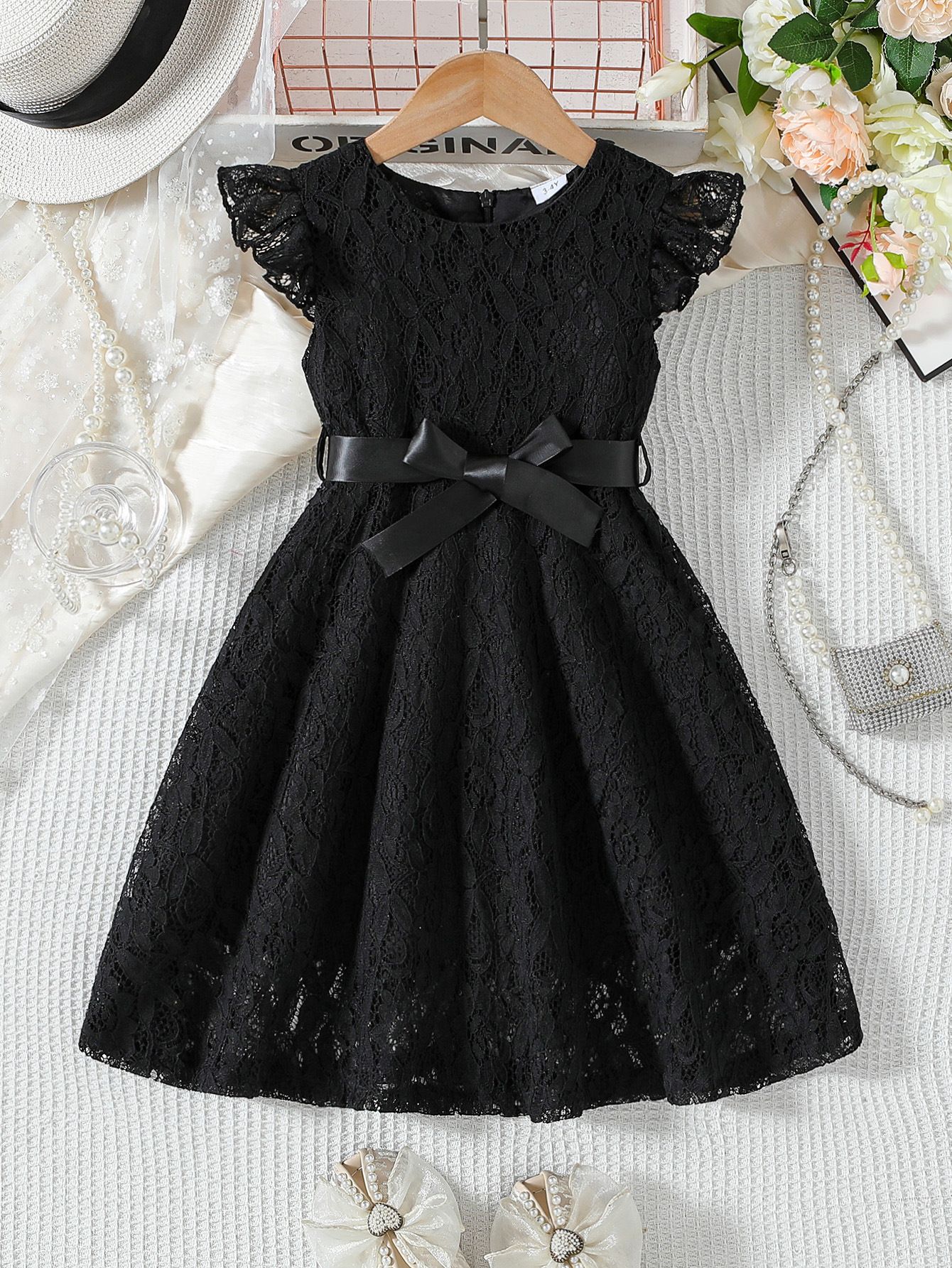 Wholesale of children's clothing elegant solid color lace dress for girls piano wedding performance, girls' dress 3-10Y