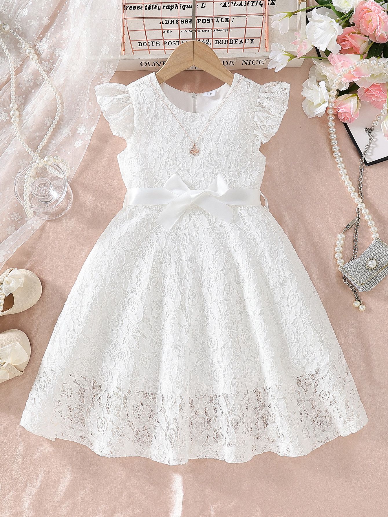 Wholesale of children's clothing elegant solid color lace dress for girls piano wedding performance, girls' dress 3-10Y