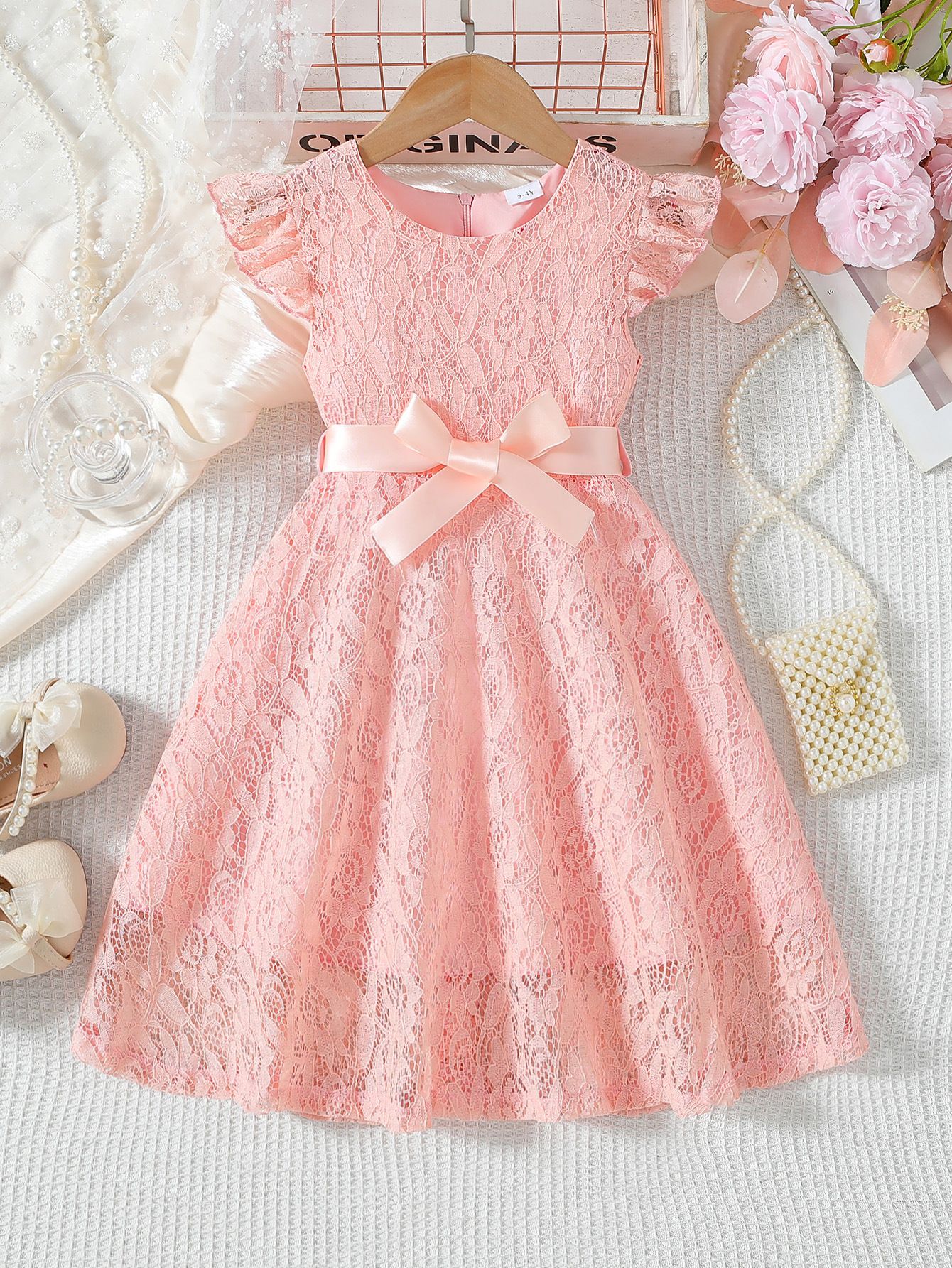 Wholesale of children's clothing elegant solid color lace dress for girls piano wedding performance, girls' dress 3-10Y