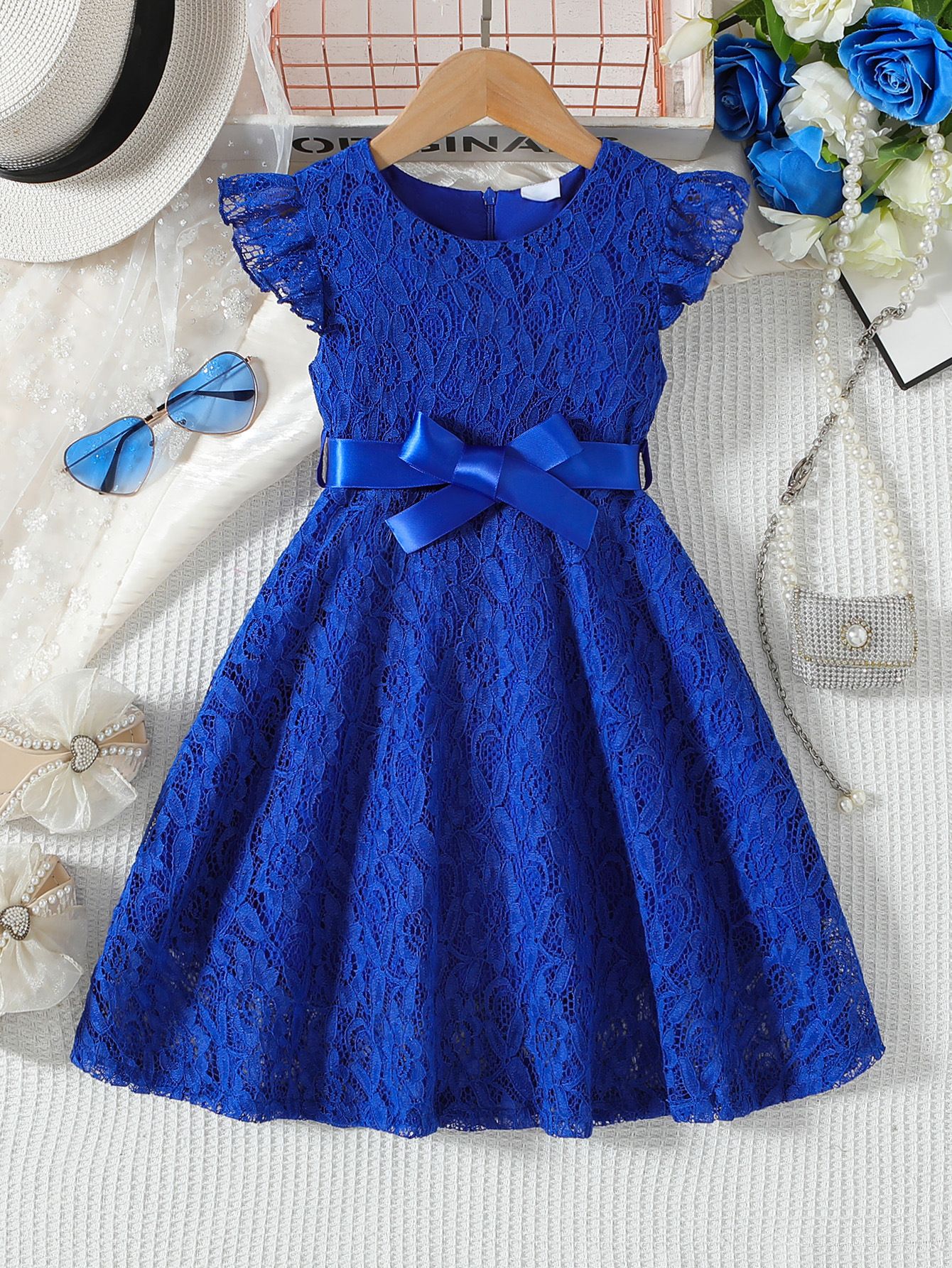 Wholesale of children's clothing elegant solid color lace dress for girls piano wedding performance, girls' dress 3-10Y