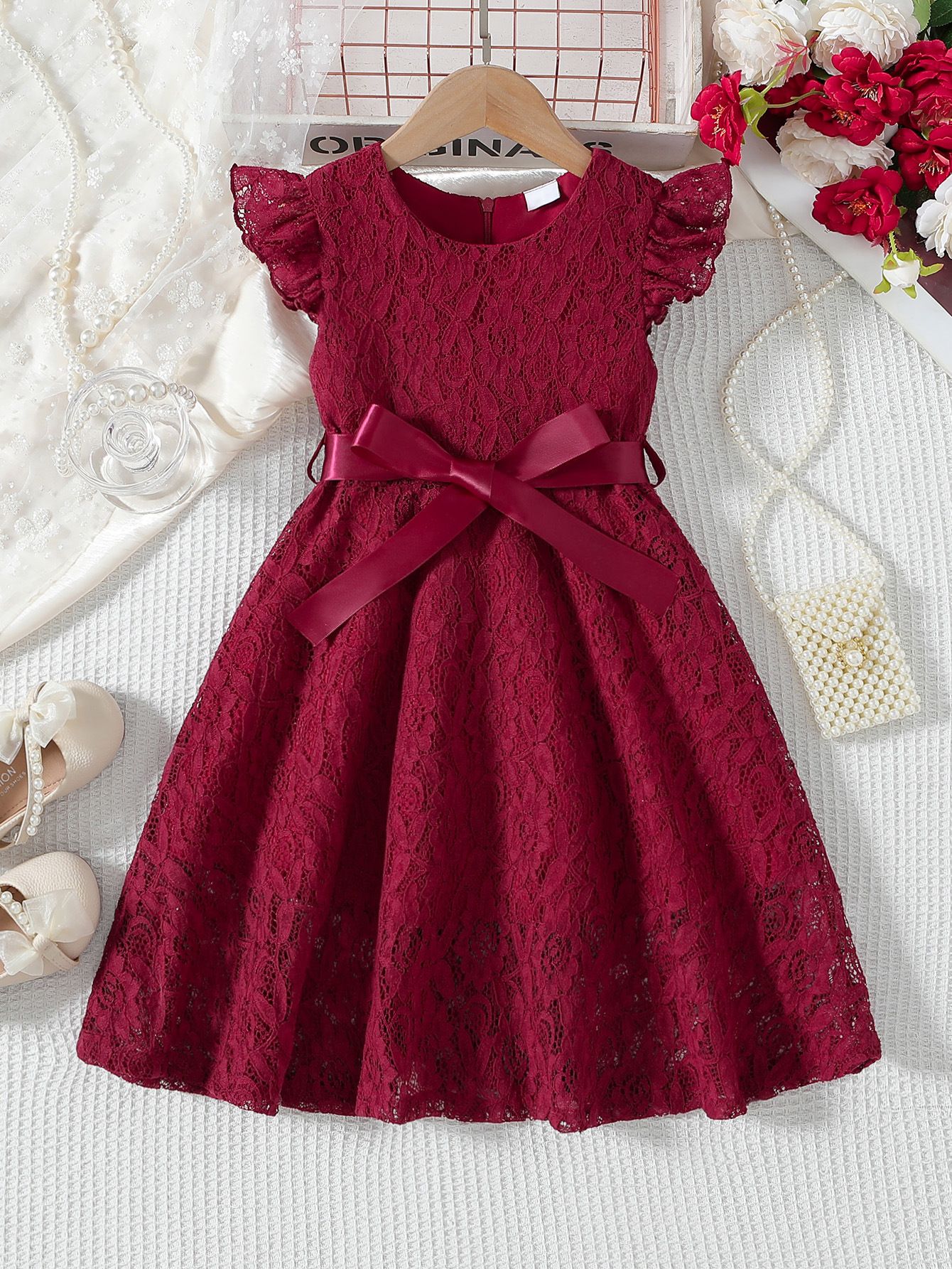 Wholesale of children's clothing elegant solid color lace dress for girls piano wedding performance, girls' dress 3-10Y