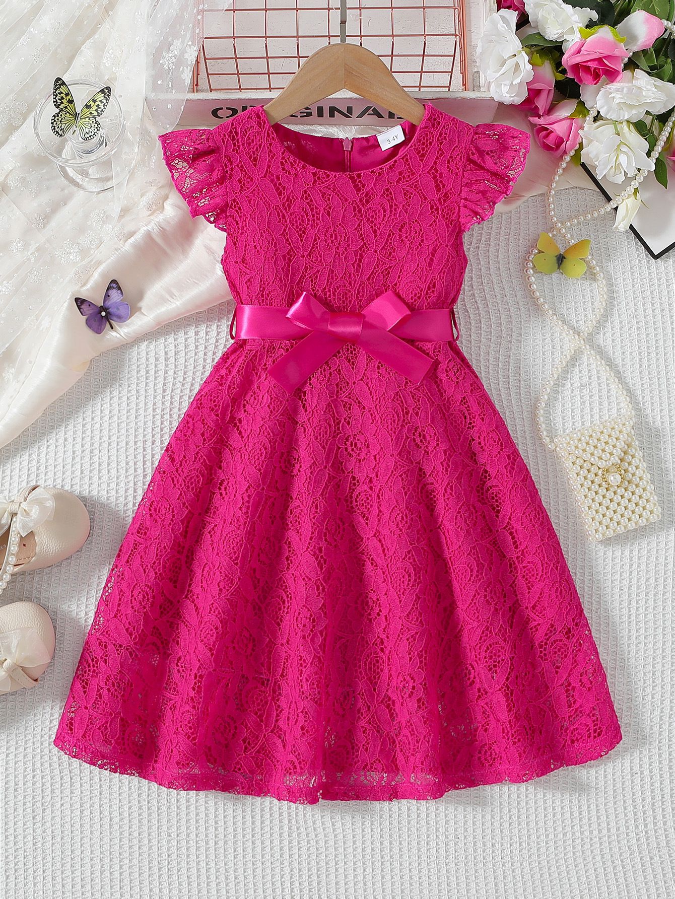 Wholesale of children's clothing elegant solid color lace dress for girls piano wedding performance, girls' dress 3-10Y