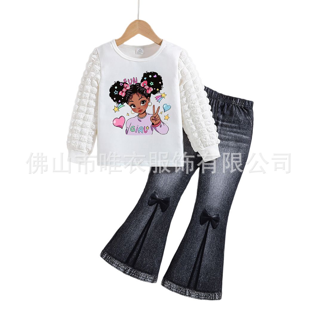 Girls' clothing set round neck girls' bubble sleeve top+imitation denim trumpet pants two-piece set