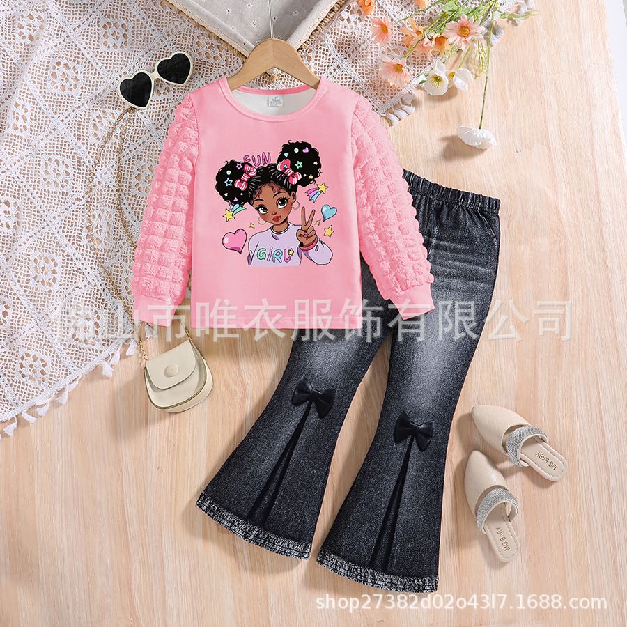 Girls' clothing set round neck girls' bubble sleeve top+imitation denim trumpet pants two-piece set