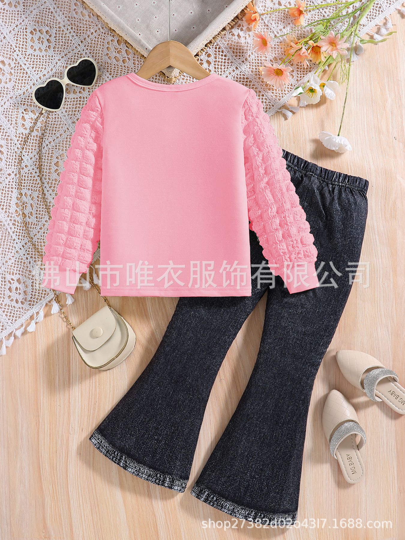 Girls' clothing set round neck girls' bubble sleeve top+imitation denim trumpet pants two-piece set