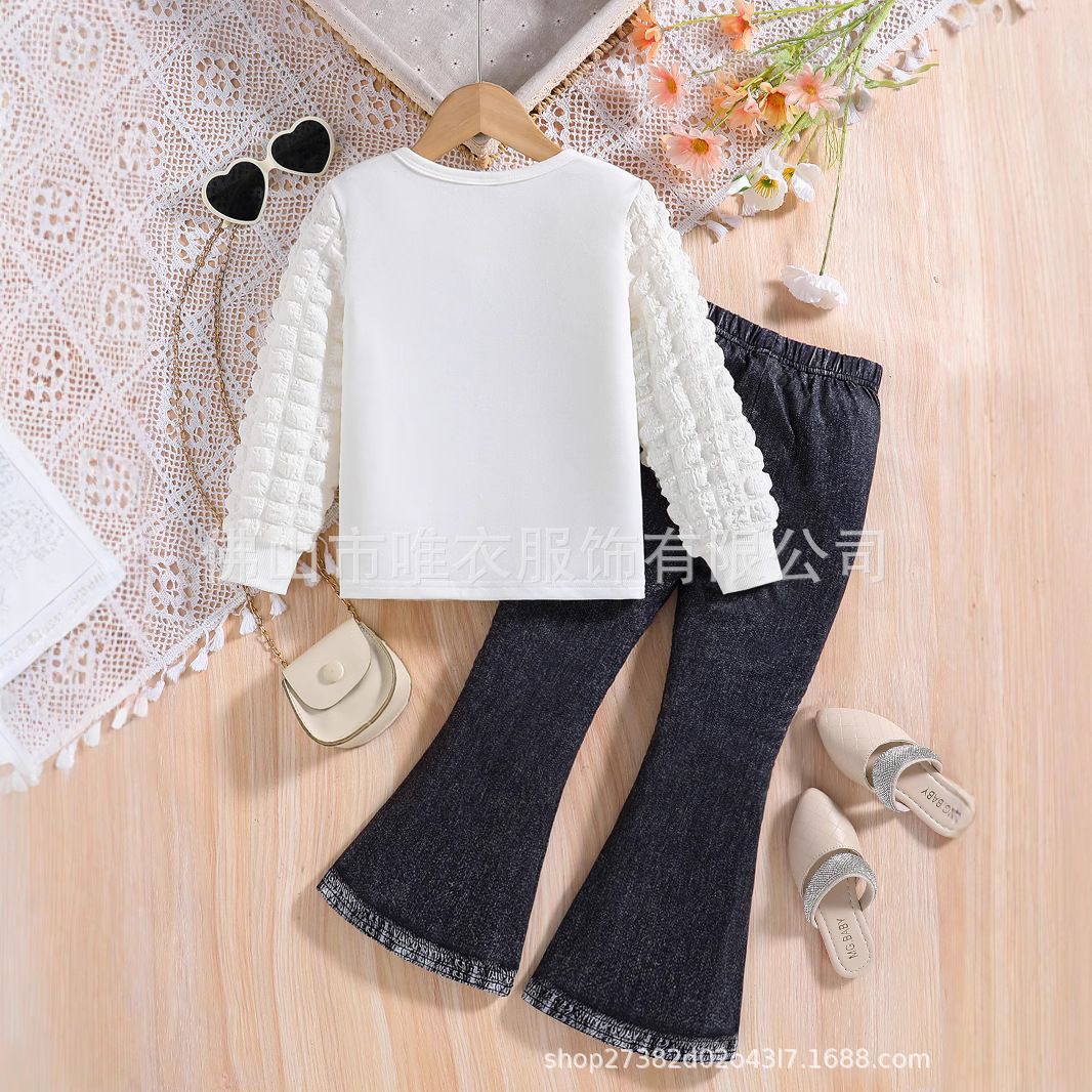 Girls' clothing set round neck girls' bubble sleeve top+imitation denim trumpet pants two-piece set