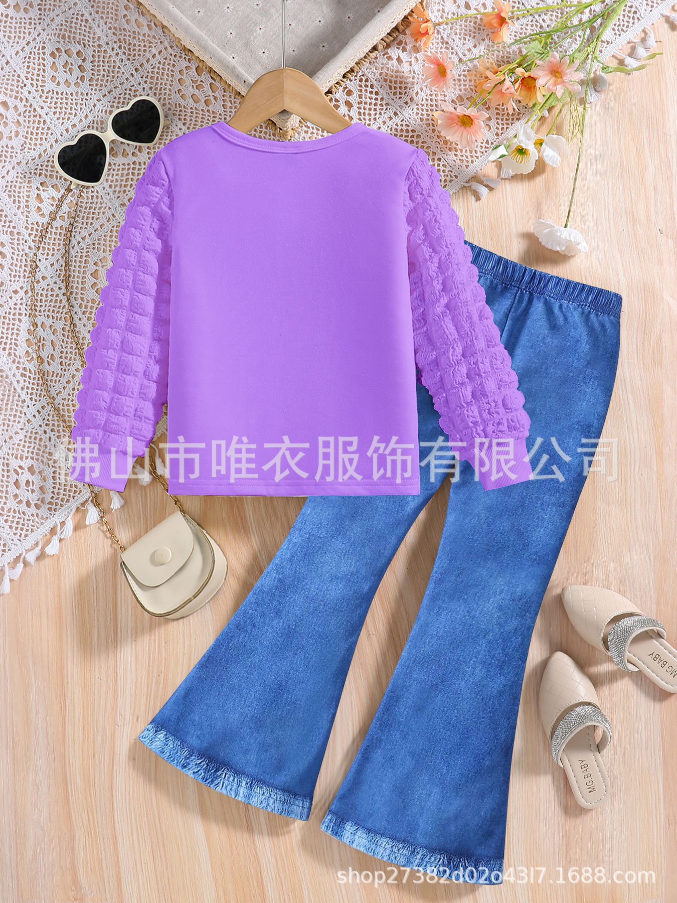 Girls' clothing set round neck girls' bubble sleeve top+imitation denim trumpet pants two-piece set