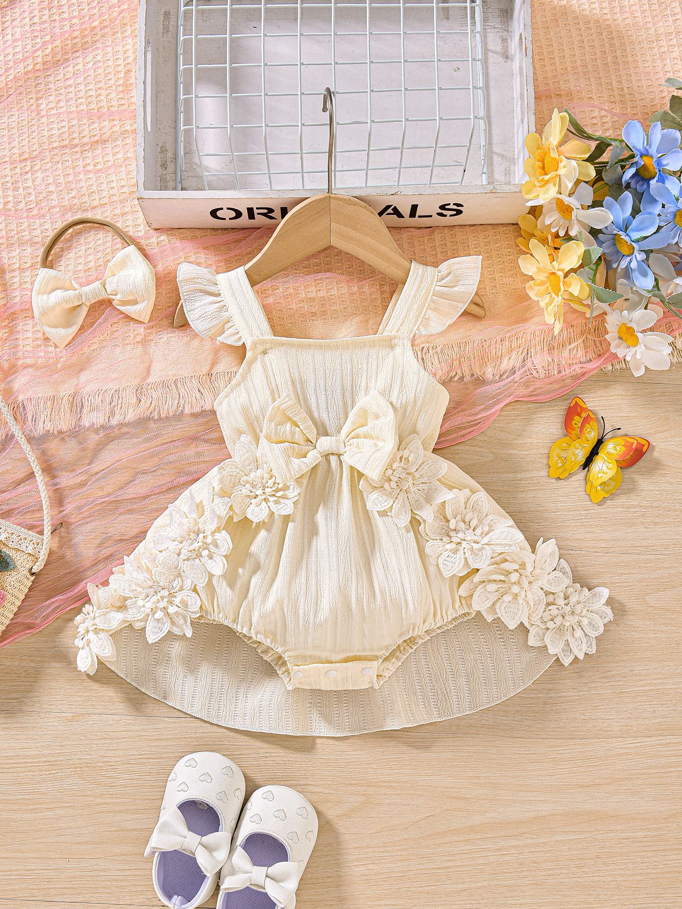 New  Baby girl dress cute suspender patchwork lace jumpsuit Ha dress skirt romper Butterfly tie hair band
