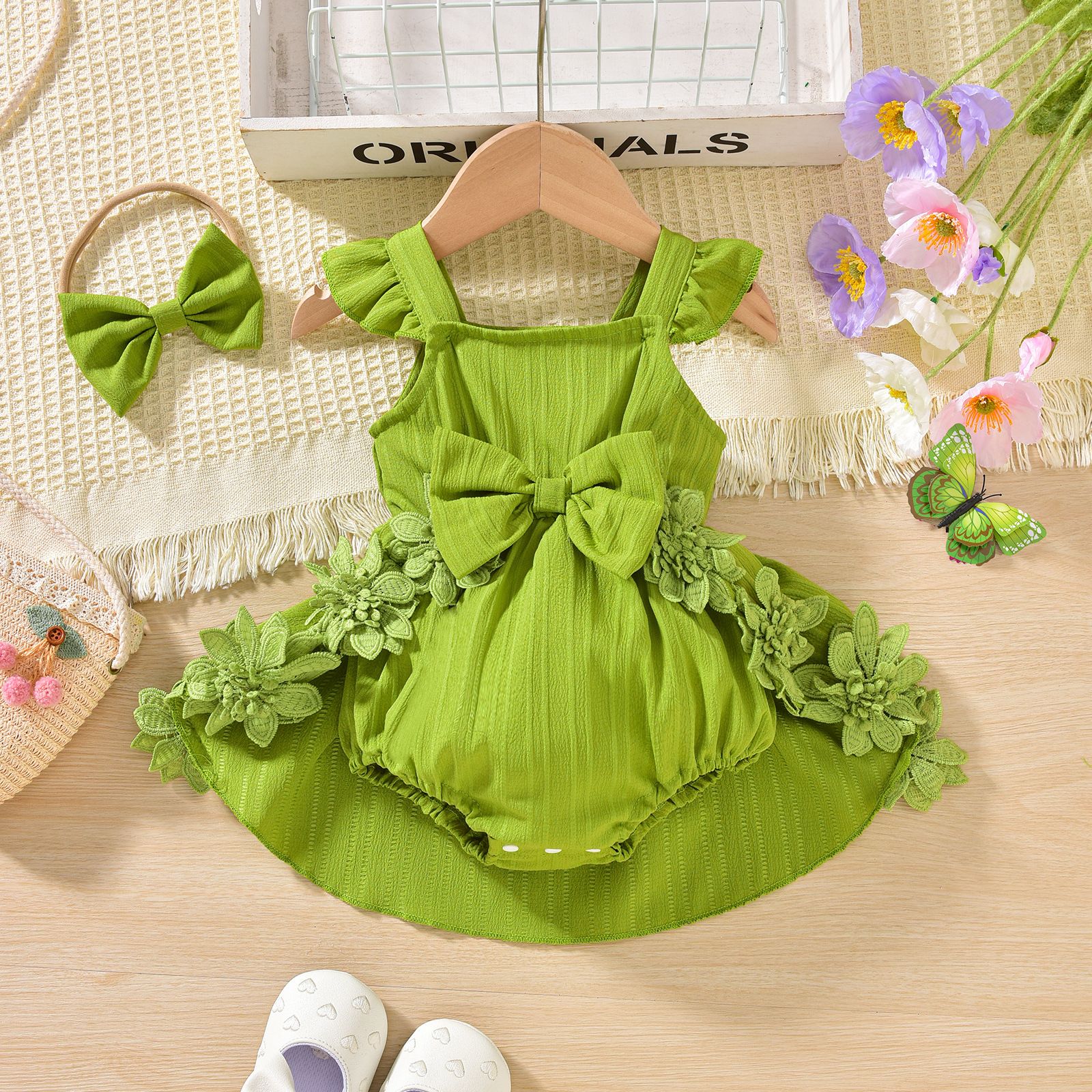 New  Baby girl dress cute suspender patchwork lace jumpsuit Ha dress skirt romper Butterfly tie hair band